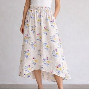 Ganni Floral Midi Skirt Elastic Waist Satin Yellow Size 4